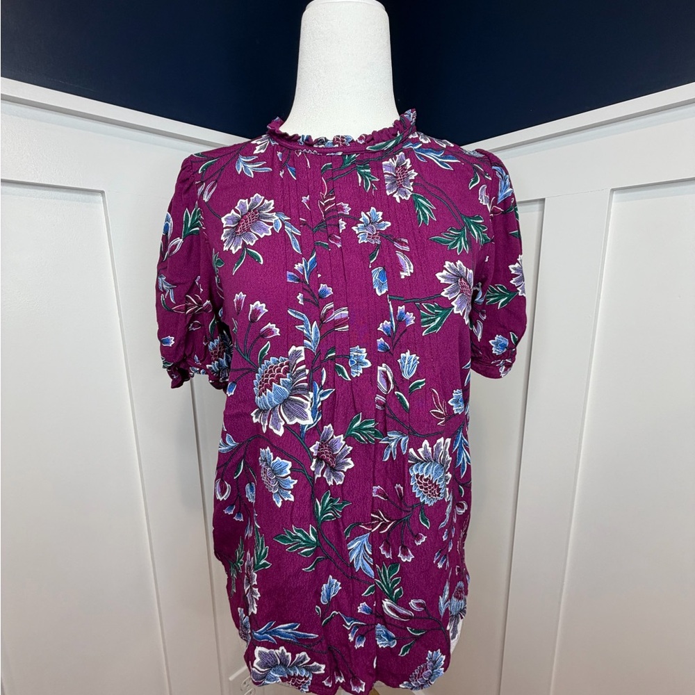 NWOT-  LOFT Floral Pintucked Puff Sleeve Top - XXS - Picture 4 of 13